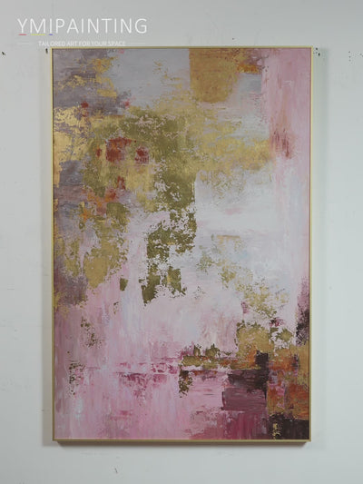 Blush Pink Abstract Wall Art with Textured Gold Accents, Neutral Tones, and Modern Canvas Design for Living Room and Bedroom Decor