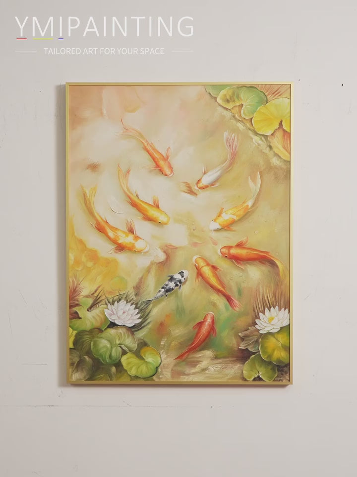 Wabi Sabi nine koi fish and lotus painting with textured resin details for Feng Shui-inspired modern wall decor