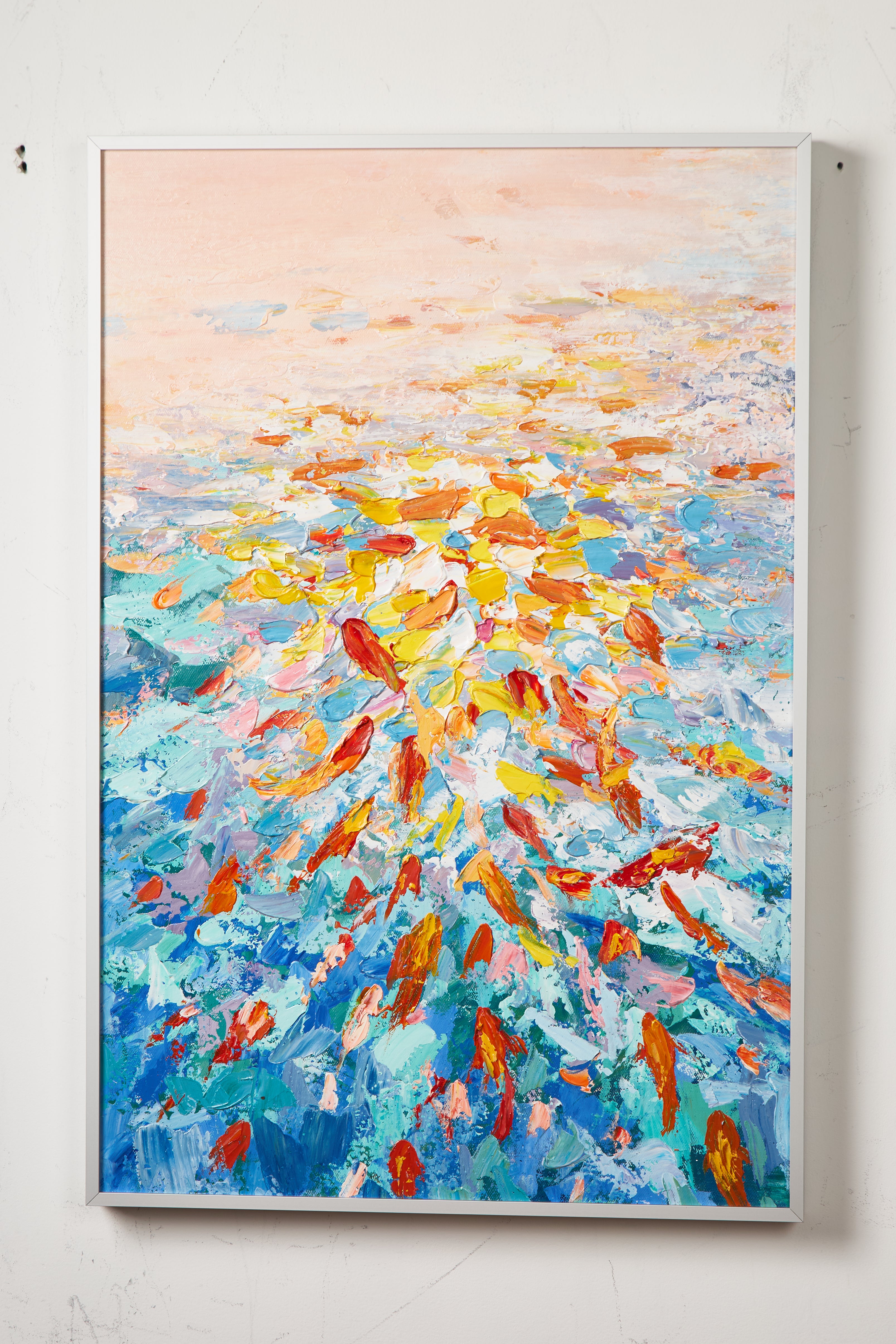 Abstract goldfish swimming painting with vibrant oil brushstrokes and soft blue sunset tones for modern wall decor
