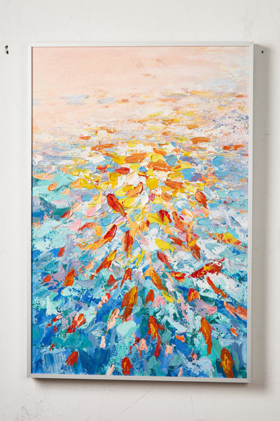 Abstract goldfish swimming painting with vibrant oil brushstrokes and soft blue sunset tones for modern wall decor