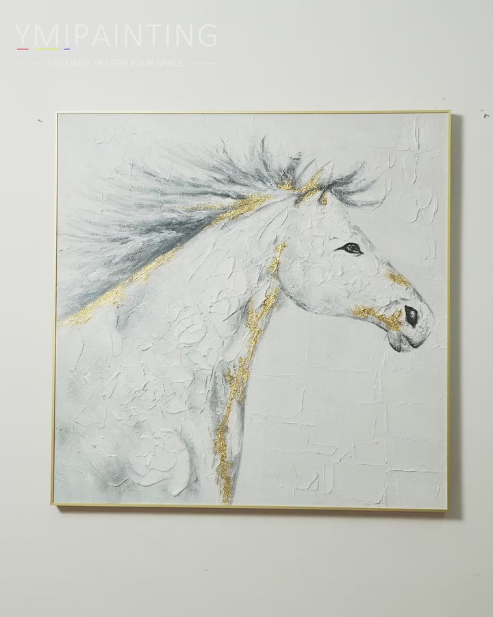 White horse wall art with gray impasto texture and shimmering gold accents for elegant modern home decor