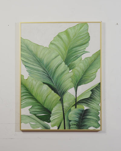 Luxury vertical leaf wall art with large botanical leaves and natural textures for elegant modern home decor