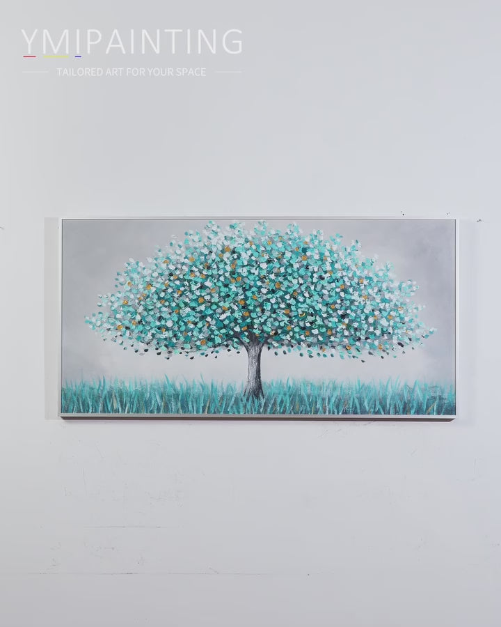 Hand-painted blue and gold abstract tree painting with textured branches for modern home wall decor