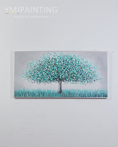 Hand-painted blue and gold abstract tree painting with textured branches for modern home wall decor