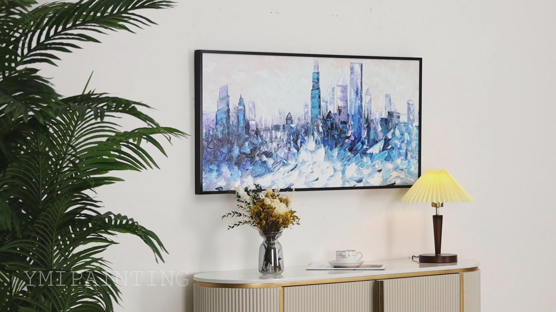 Abstract blue cityscape painting of Chicago, ideal for contemporary and modern wall art.