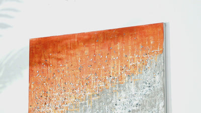 Modern abstract citrus artwork with glittering crushed glass elements and vibrant orange color palette
