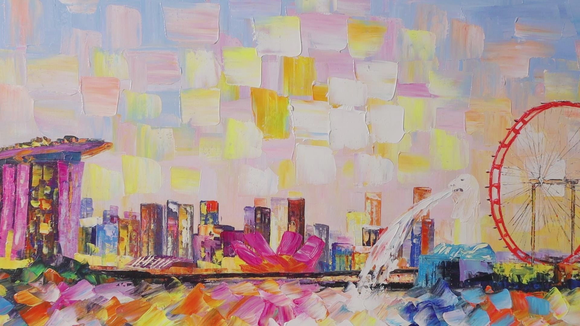 Colorful Marina Bay oil painting, depicting the Singapore skyline with a dramatic, expressive design.