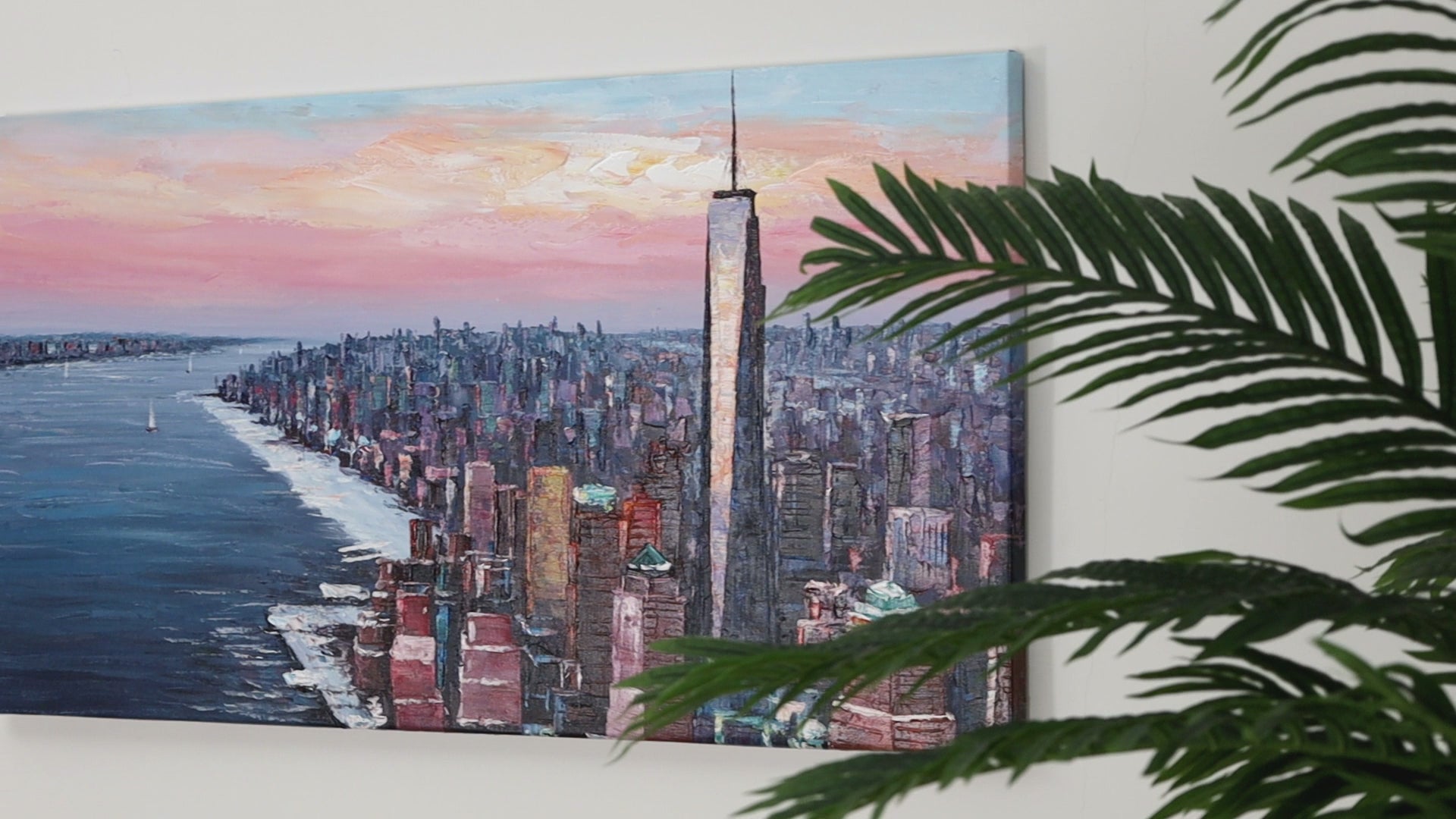 Manhattan skyline oil painting, capturing the beauty of NYC skyscrapers with rich texture and detail.