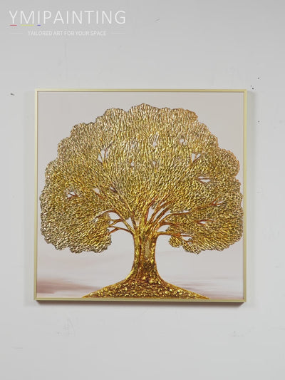 Hand-painted golden life tree oil painting with gold leaf branches for elegant modern home and office wall decor