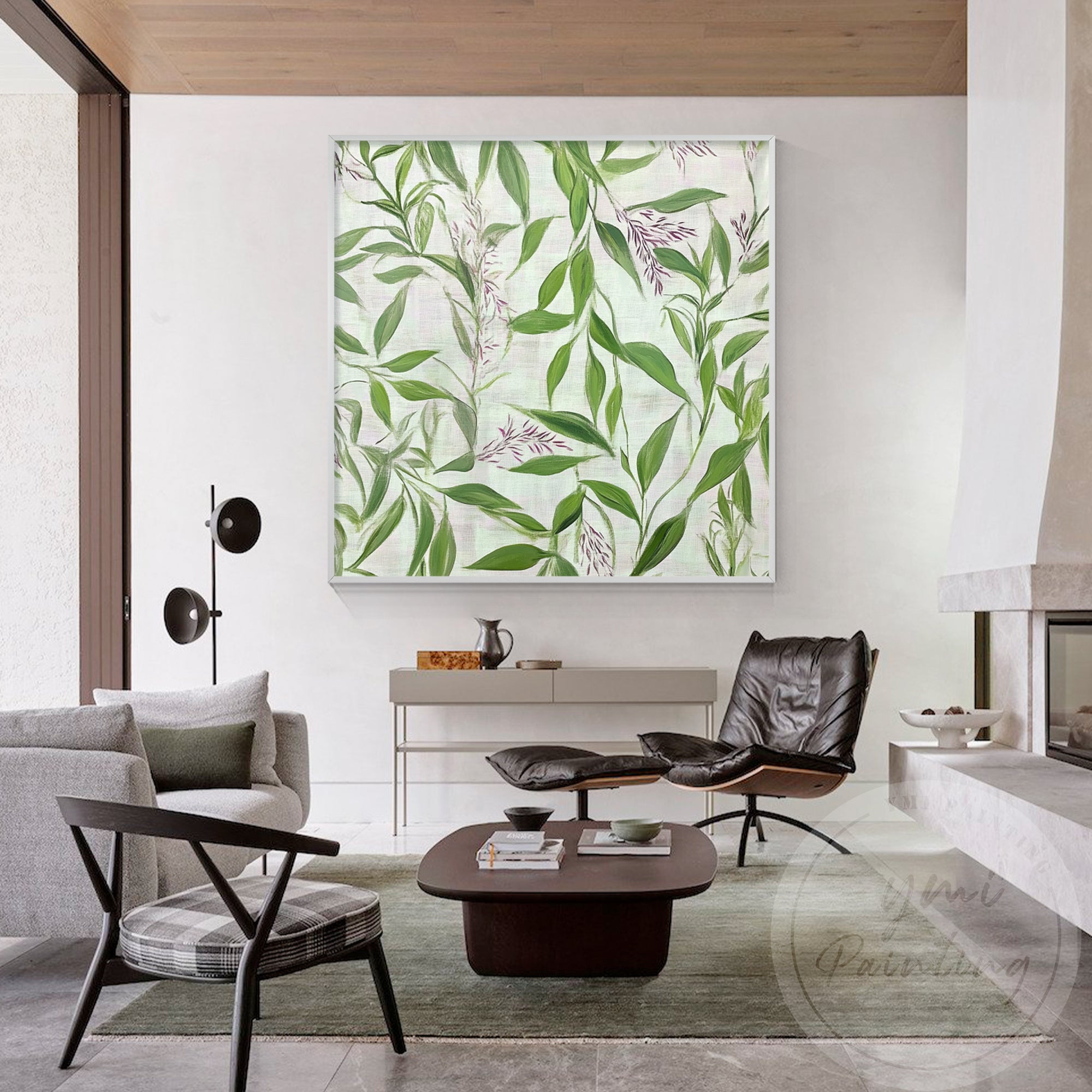 Hand-painted artwork featuring purple buds scattered among eucalyptus leaves, offering a contrast in color in a modern living room.