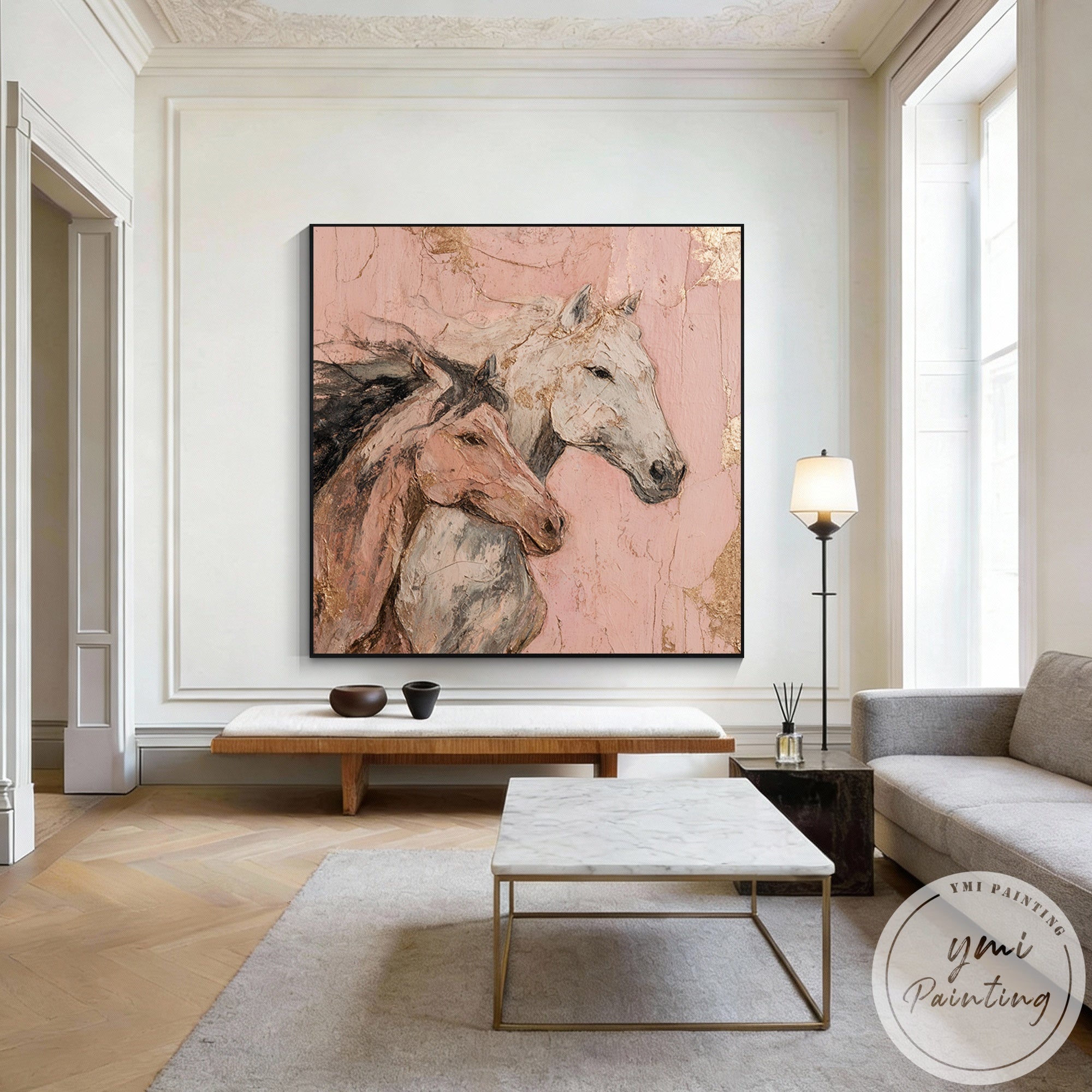 Luxury horse painting with gold accents on textured canvas