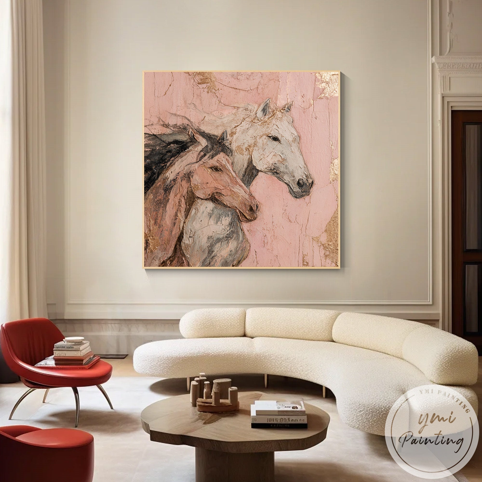 Pink horse figurative painting with gold leaf wall art design