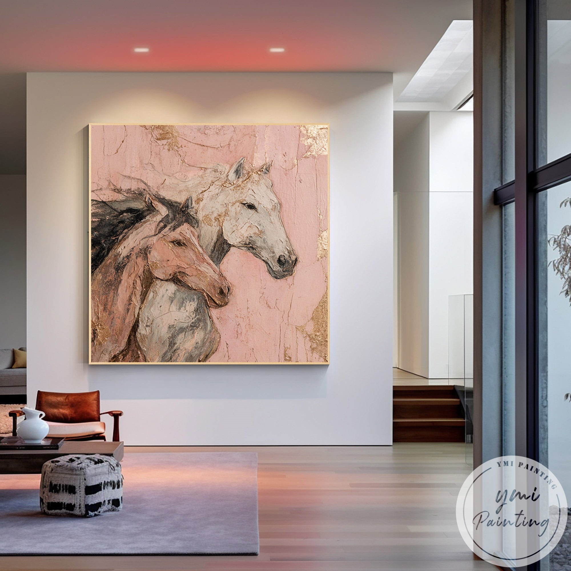 Modern equestrian wall art with romantic pink color tones