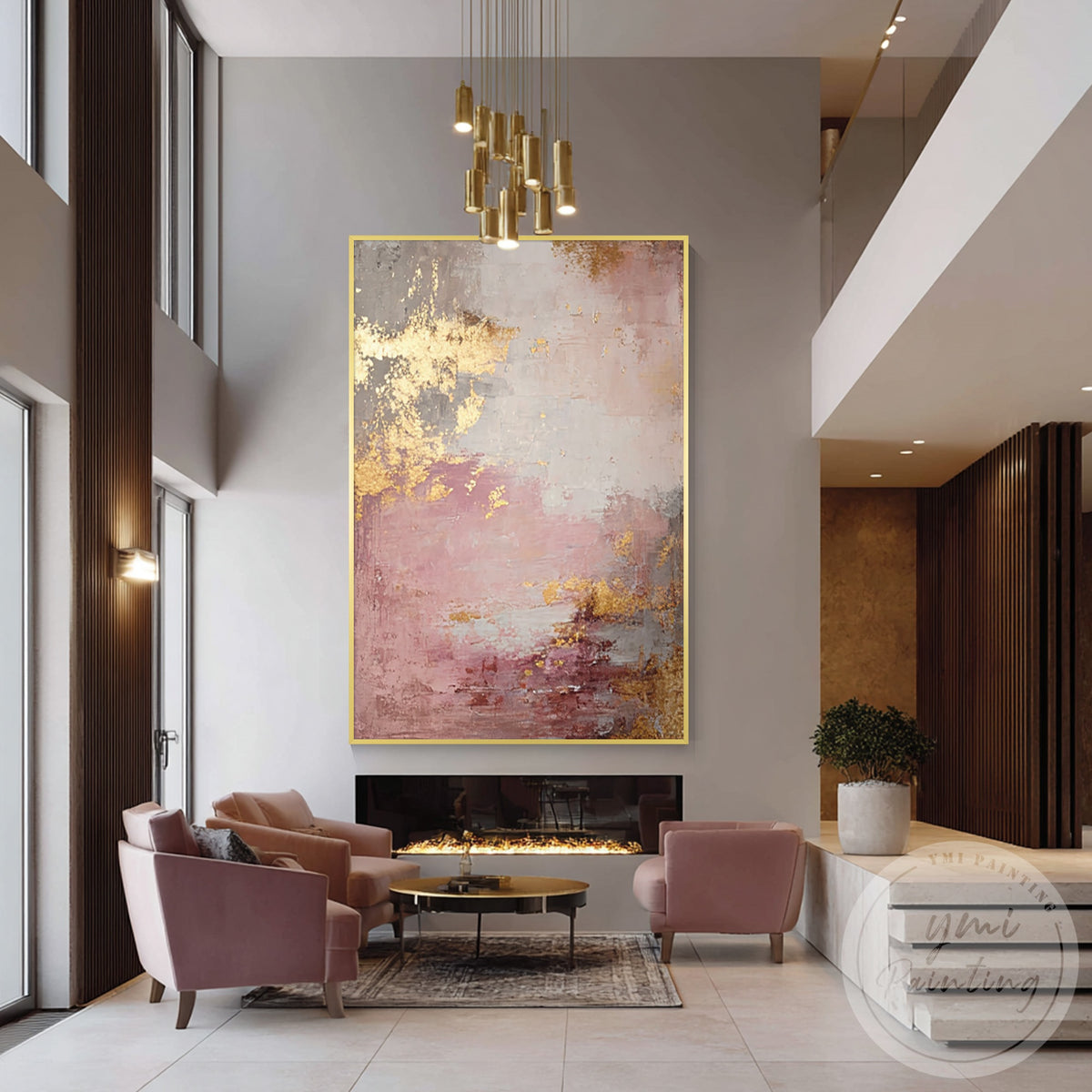 Contemporary abstract painting in dusty pink gray and rose gold tones
