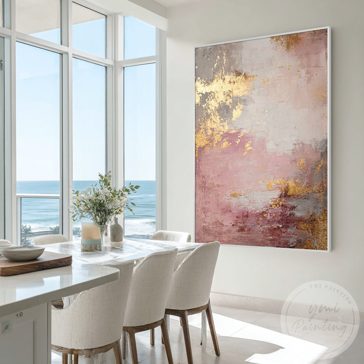 Dusty pink gray and gold textured abstract canvas painting