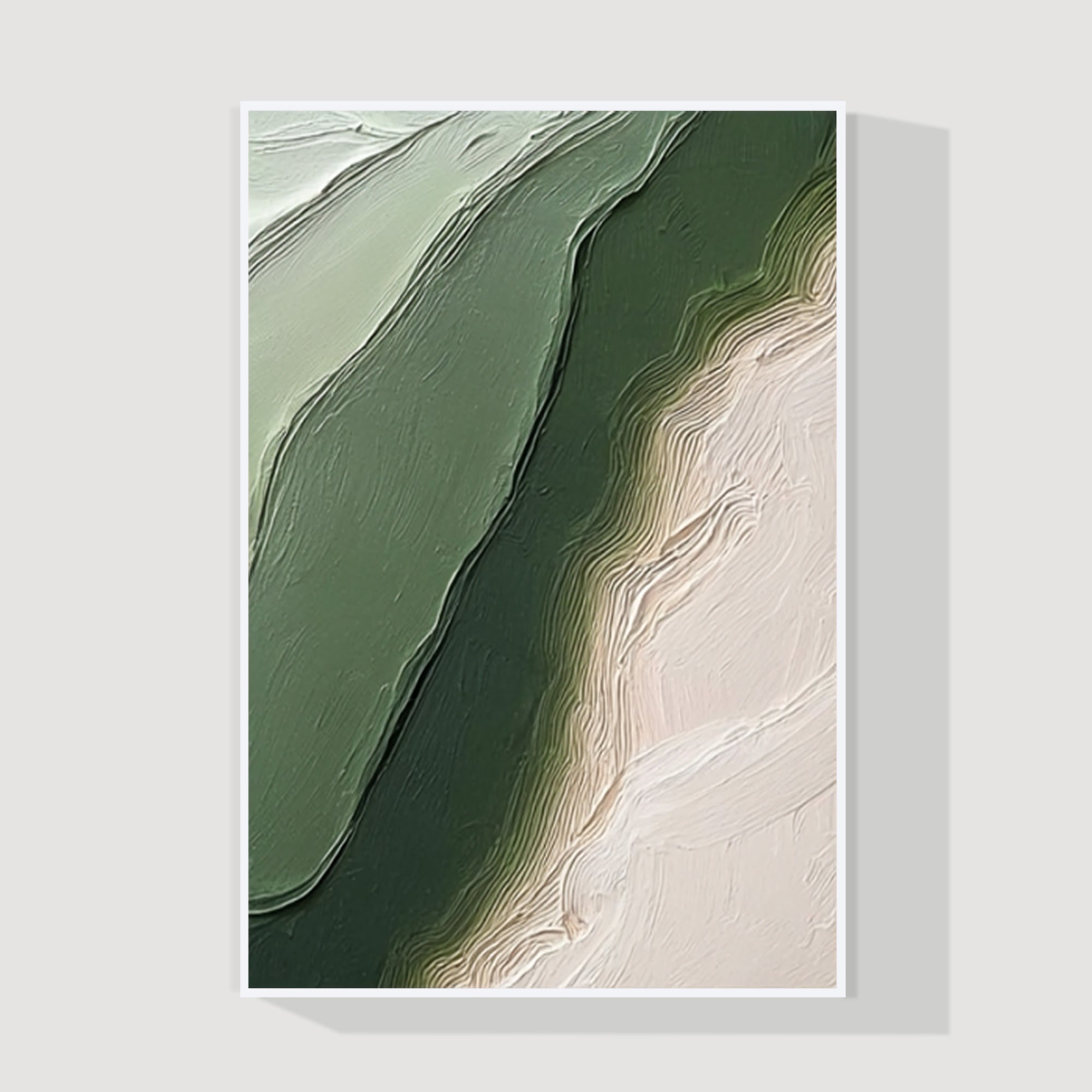 セージグリーンとベージュの山のアート – 3Dテクスチャードミニマル