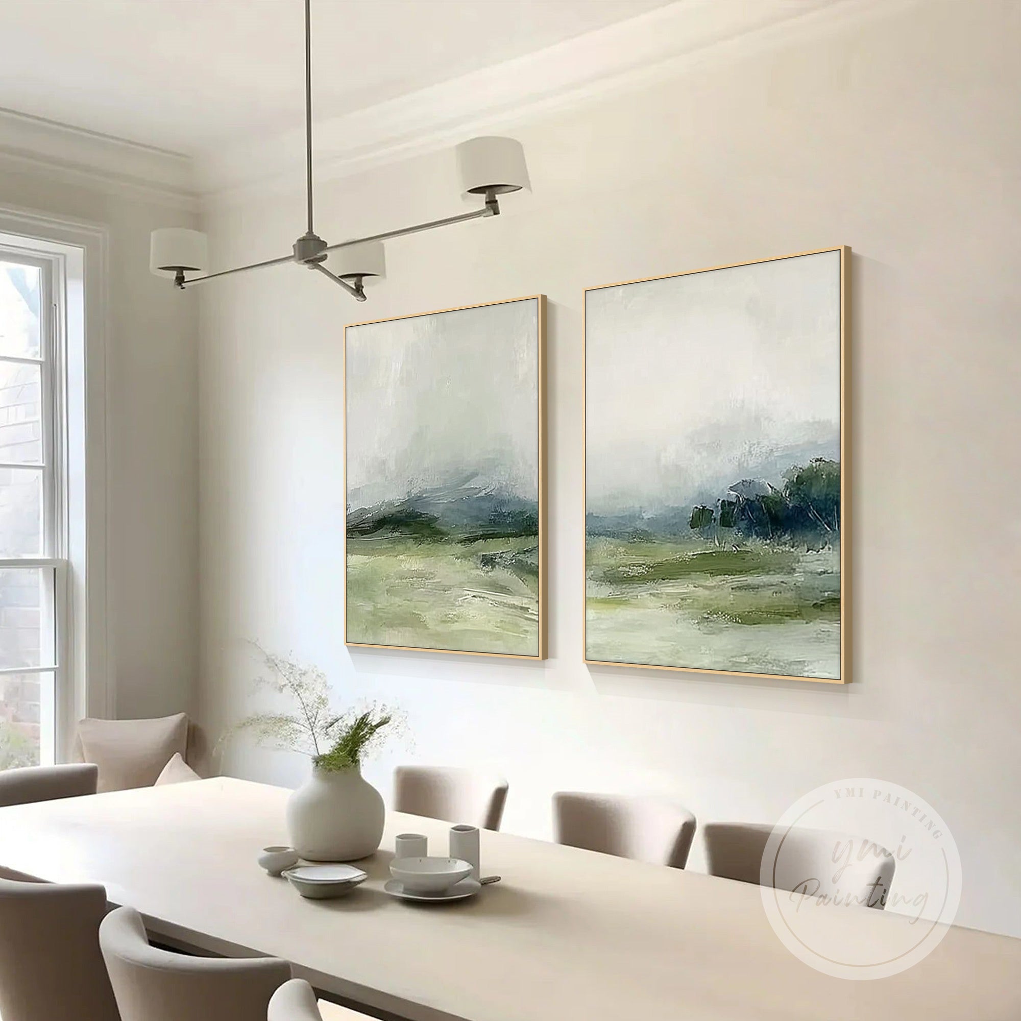 sage green diptych canvas wall art in neutral dining room decor