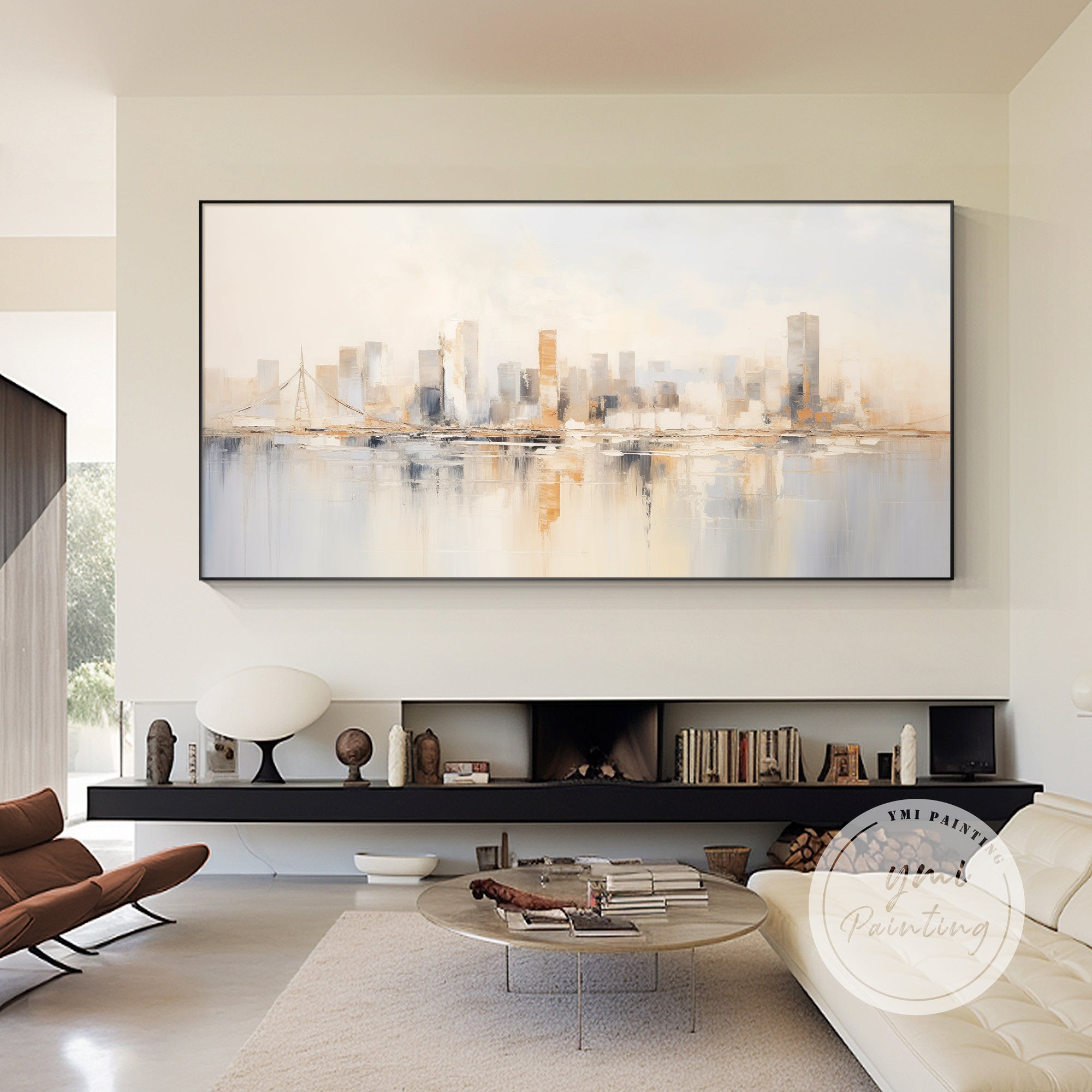San Francisco skyline abstract painting in neutral tones above sofa wall decor
