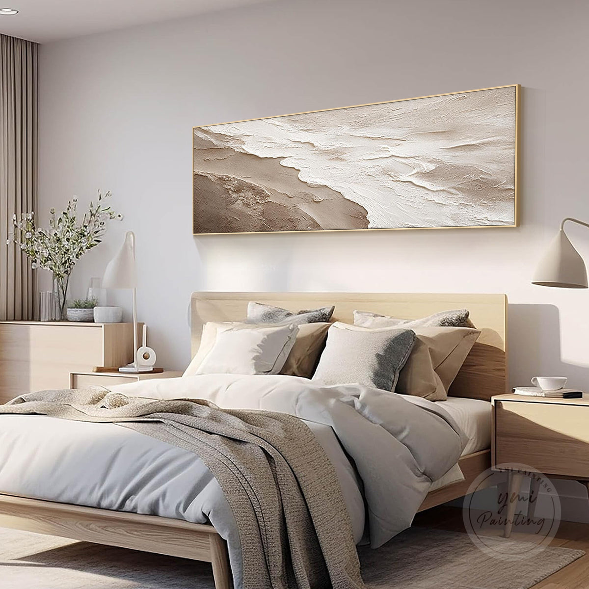 Sandy taupe textured abstract painting on a wide horizontal canvas