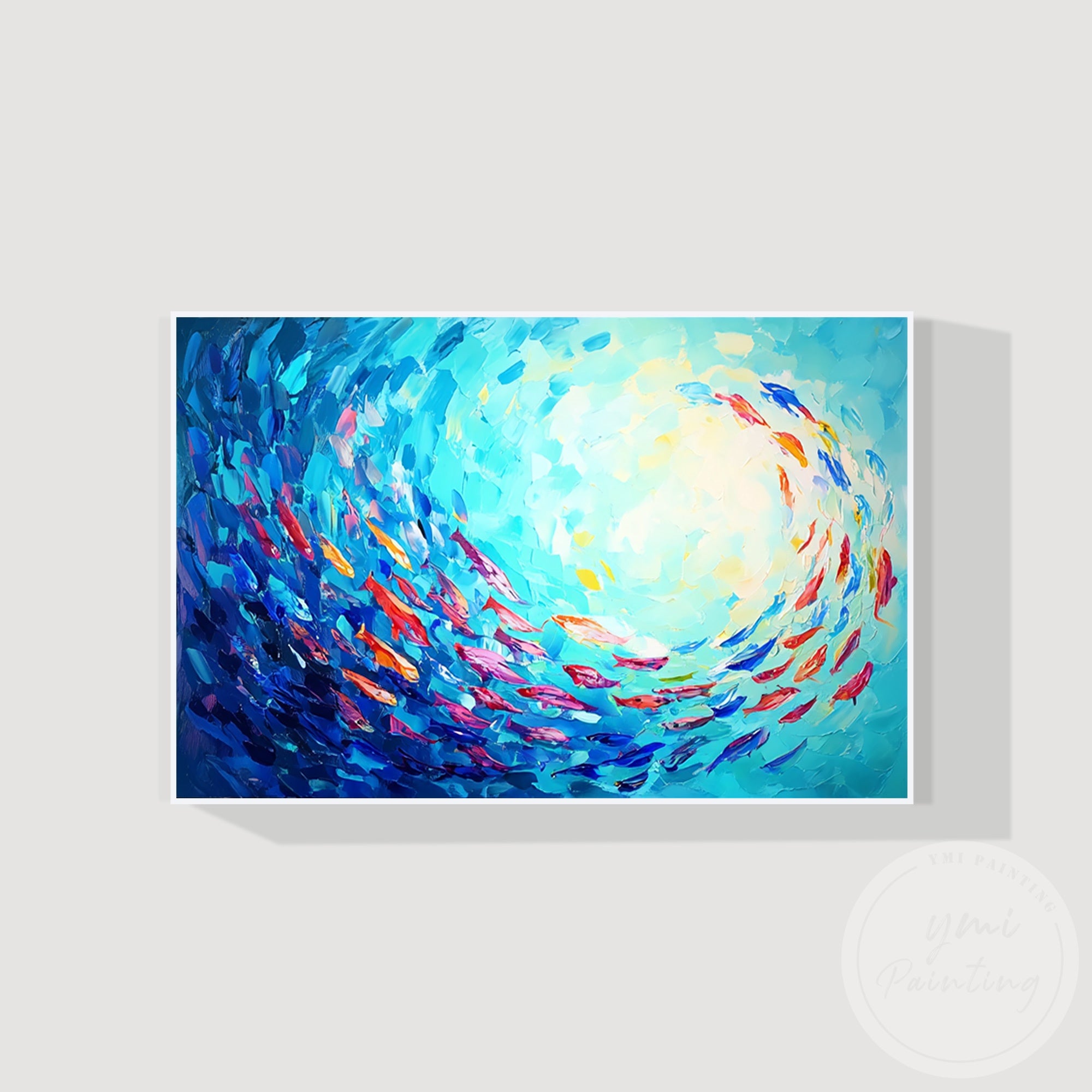 Blue ocean fish artwork with dynamic swirling composition