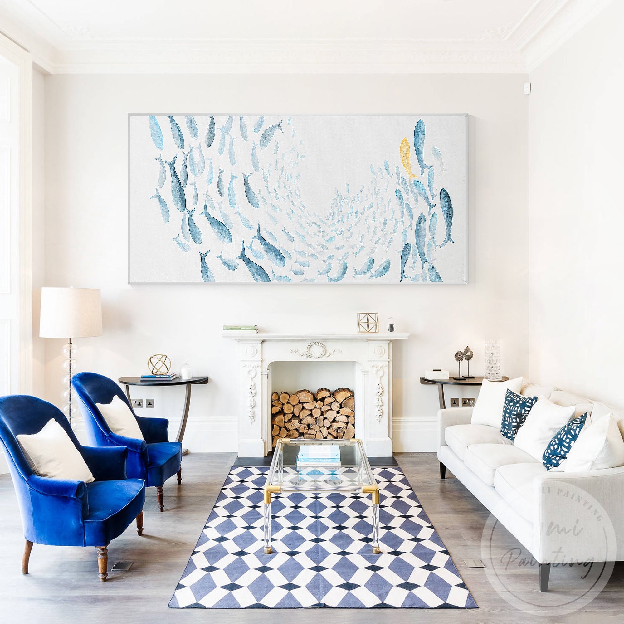 Blue watercolor fish artwork for modern living room decor