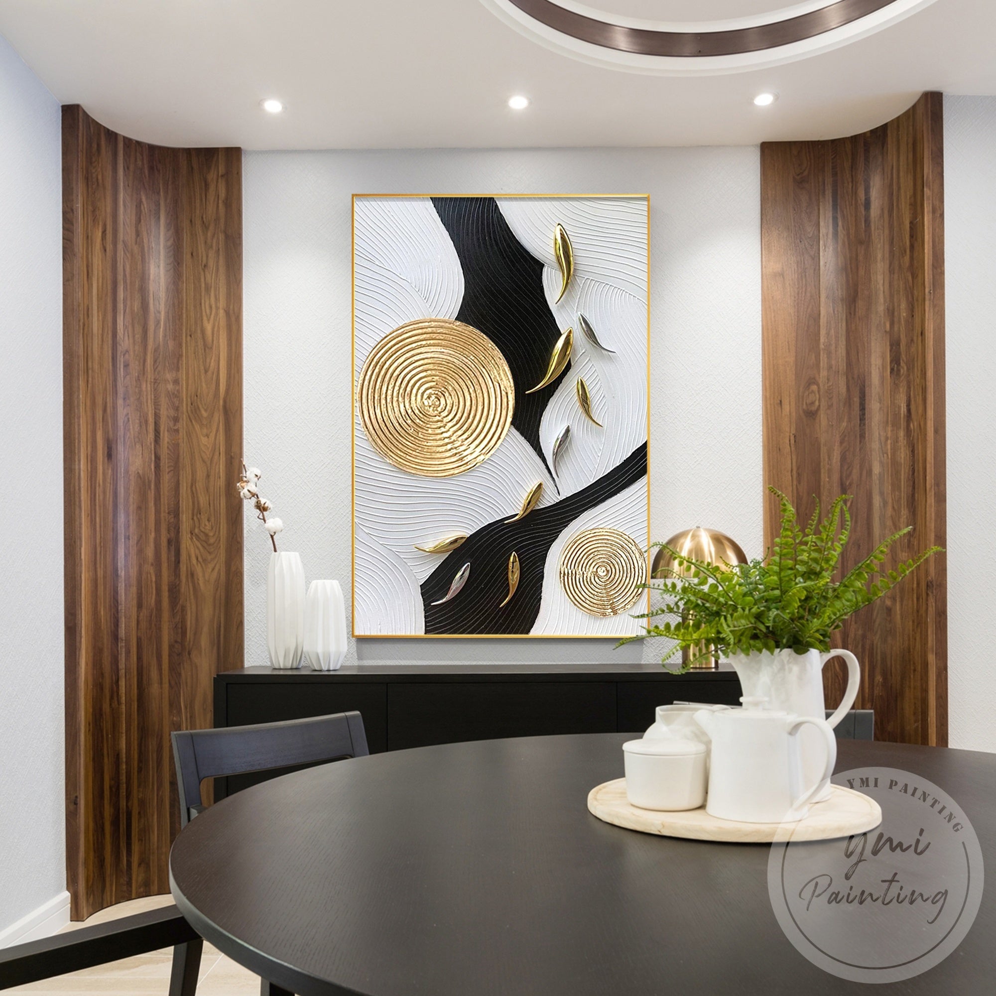 Black white gold abstract fish painting modern wall decor