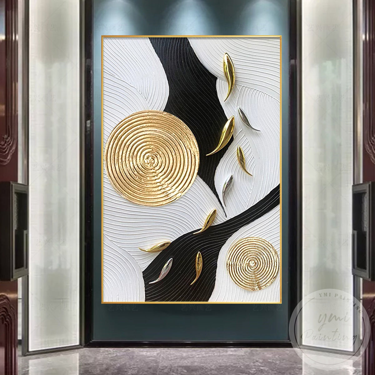 Extra large hand painted gold fish vertical artwork