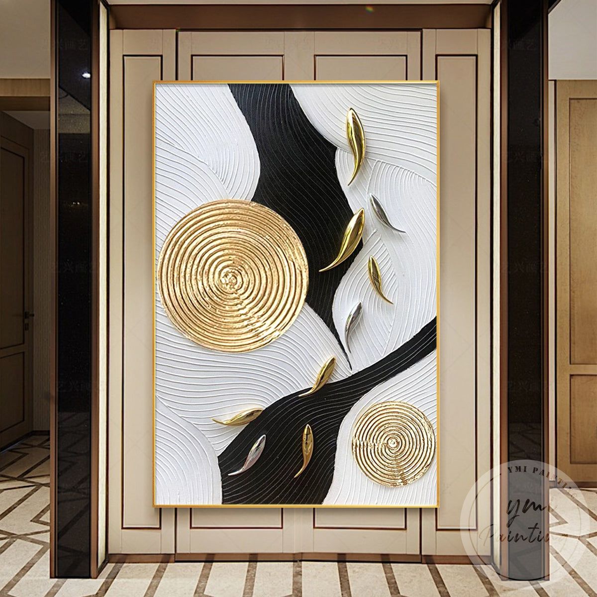Vertical school of fish painting with metallic gold accents