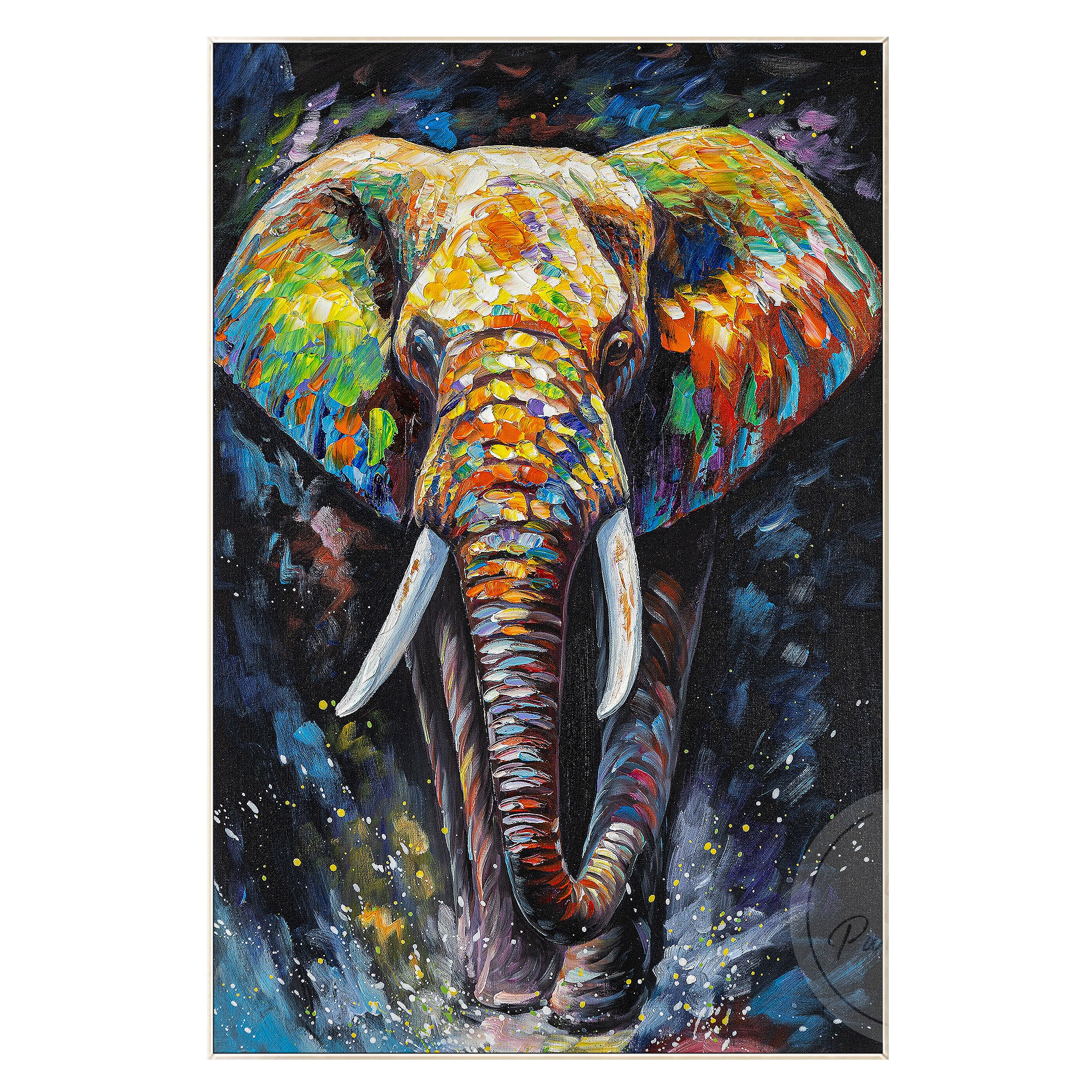 Peaceful elephant painting with a glowing presence, framed by deep blue and radiant light, creating an ethereal effect.