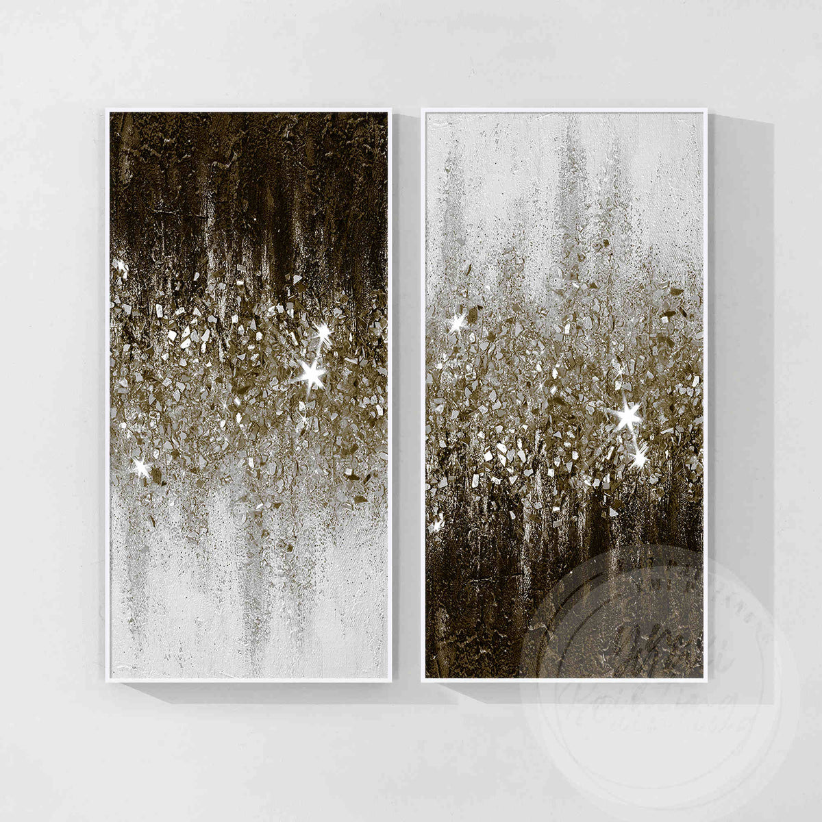 Hand-painted brown glitter artwork with crushed glass and silver accents