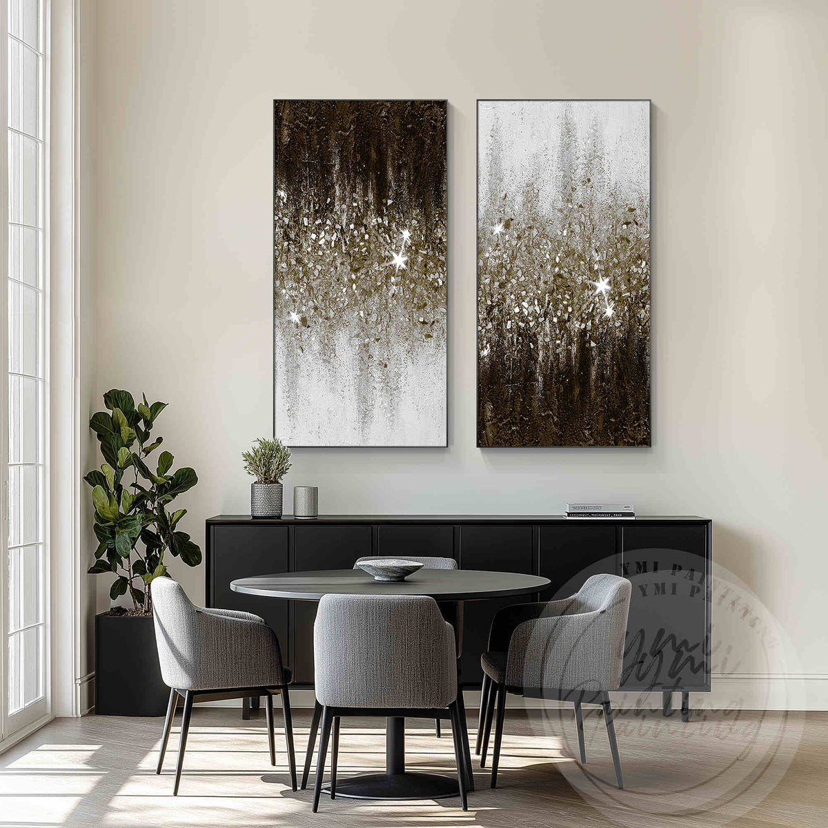 Luxury brown glitter wall art displayed above a modern beige sofa