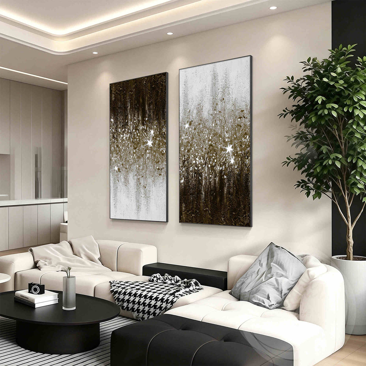Textured brown wall art set with shimmering silver glitter details