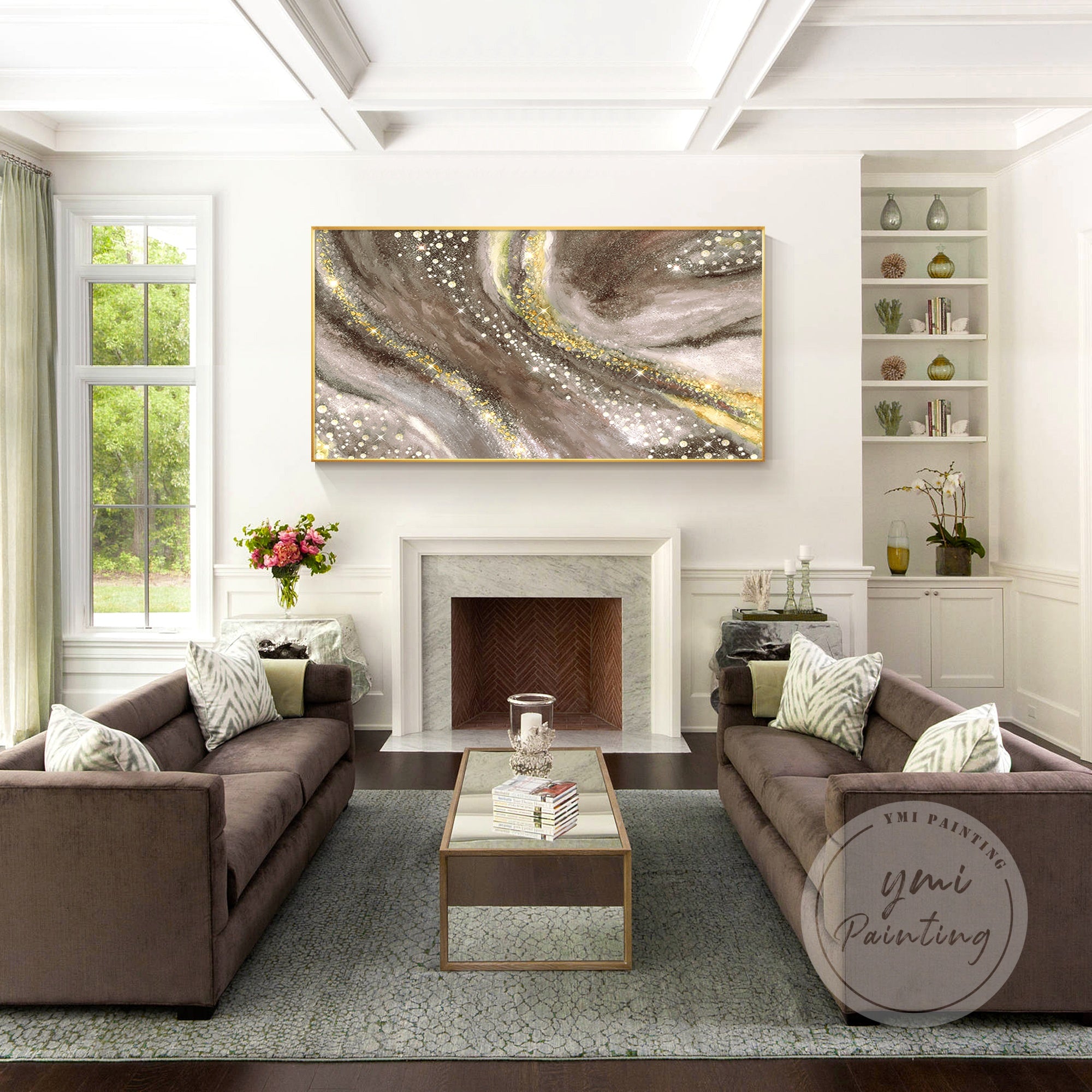 Contemporary earth-tone canvas wall art with gold shimmer accents.