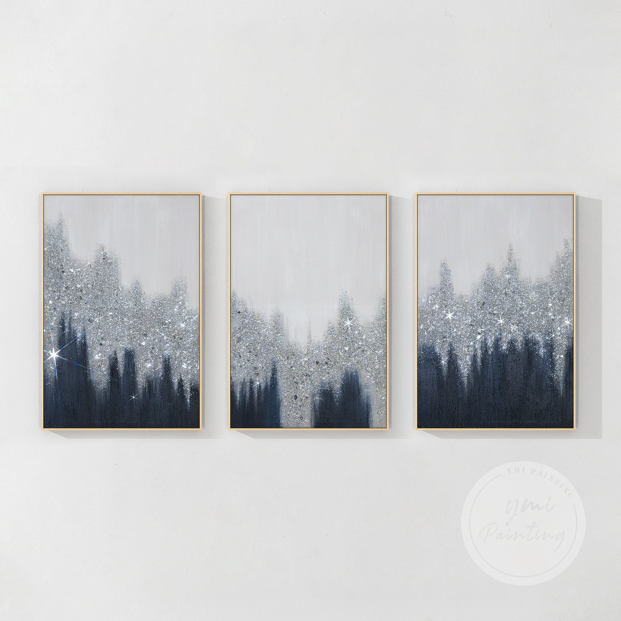 Hand-painted blue-gray-silver abstract paintings for wall decor in wood frame