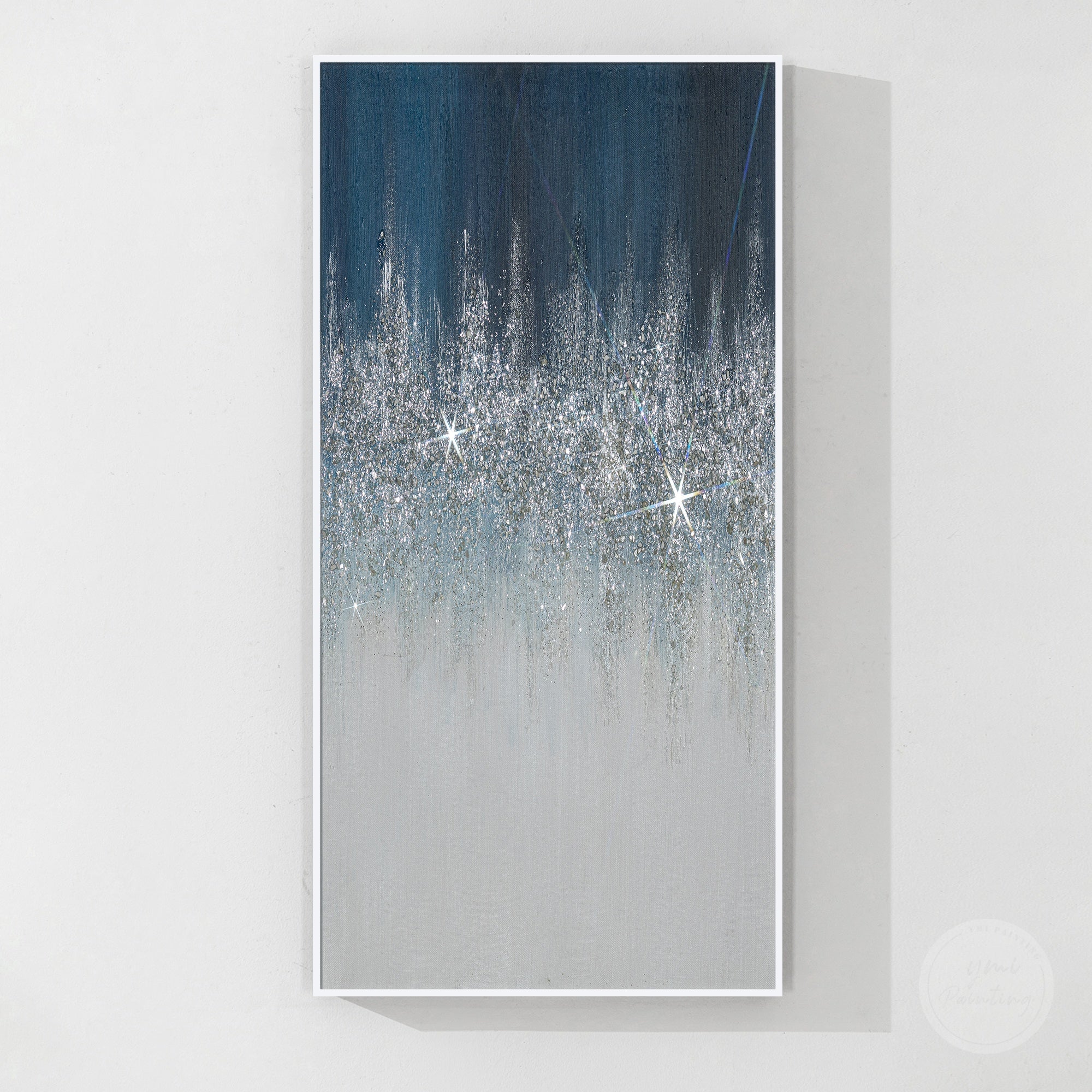 Navy blue glitter art painting with silver crushed glass texture and modern luxury abstract wall decor design