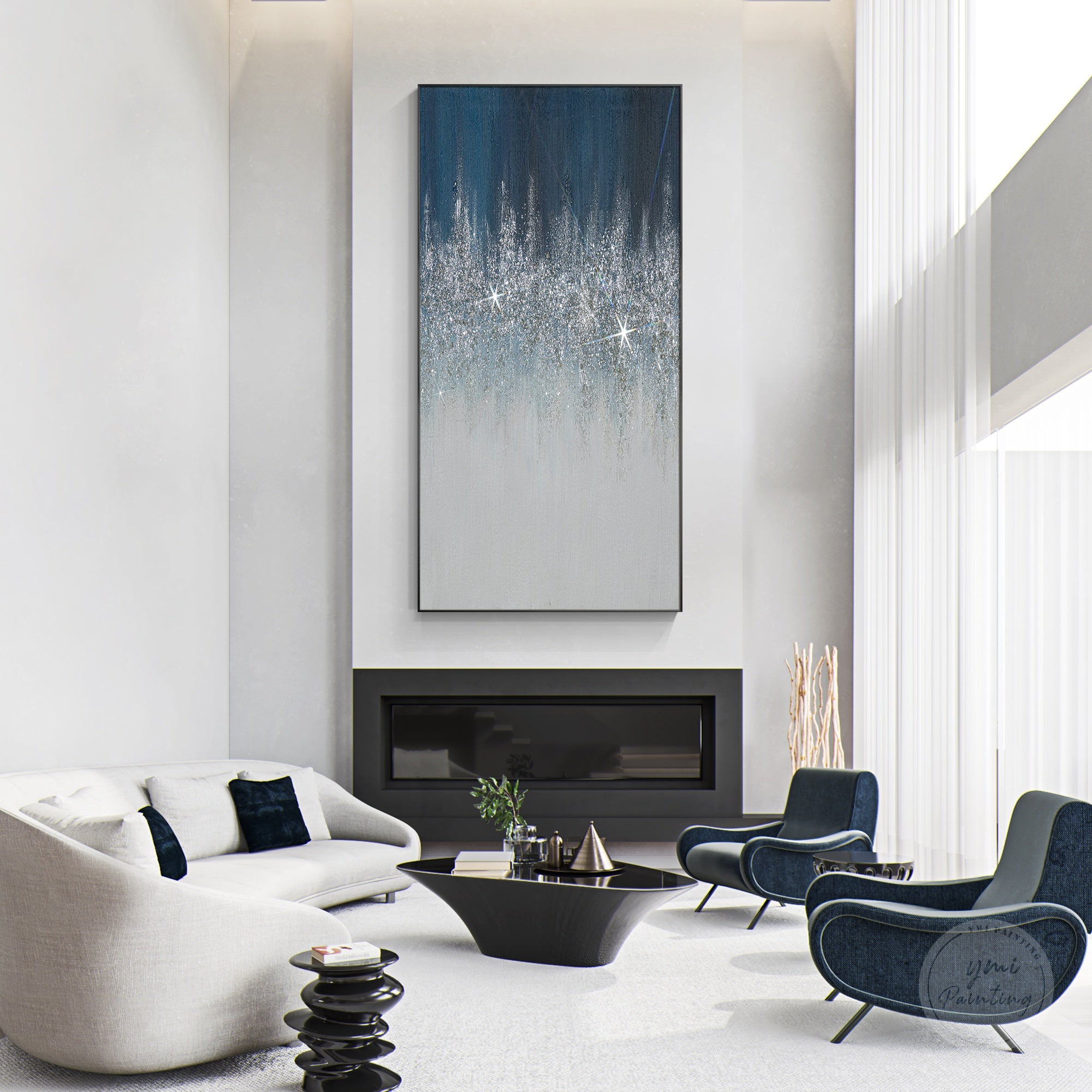 Crushed glass glitter art featuring elegant navy blue tones and silver sparkle accents for modern interiors