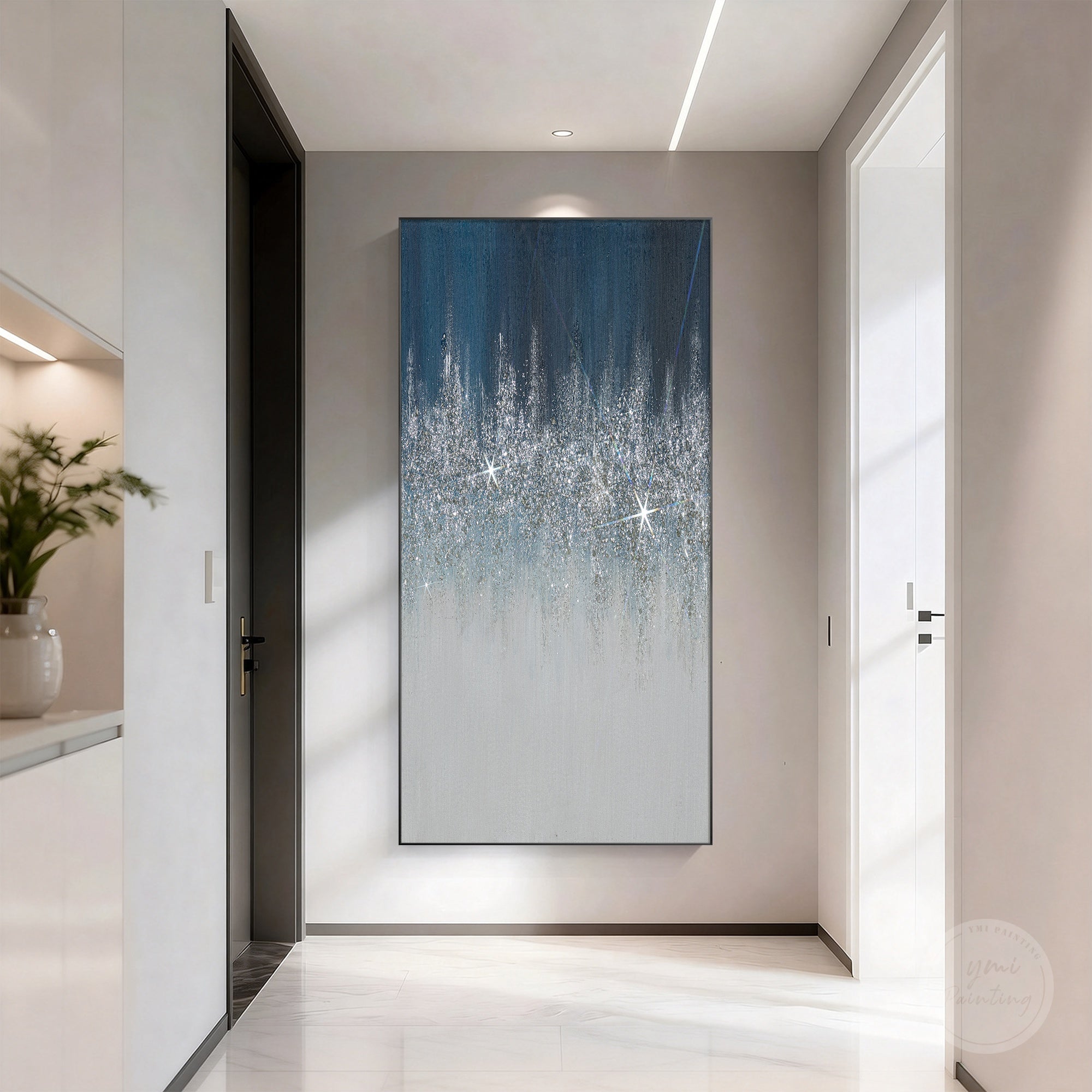 Contemporary navy blue glitter canvas art with metallic silver texture and sophisticated abstract design