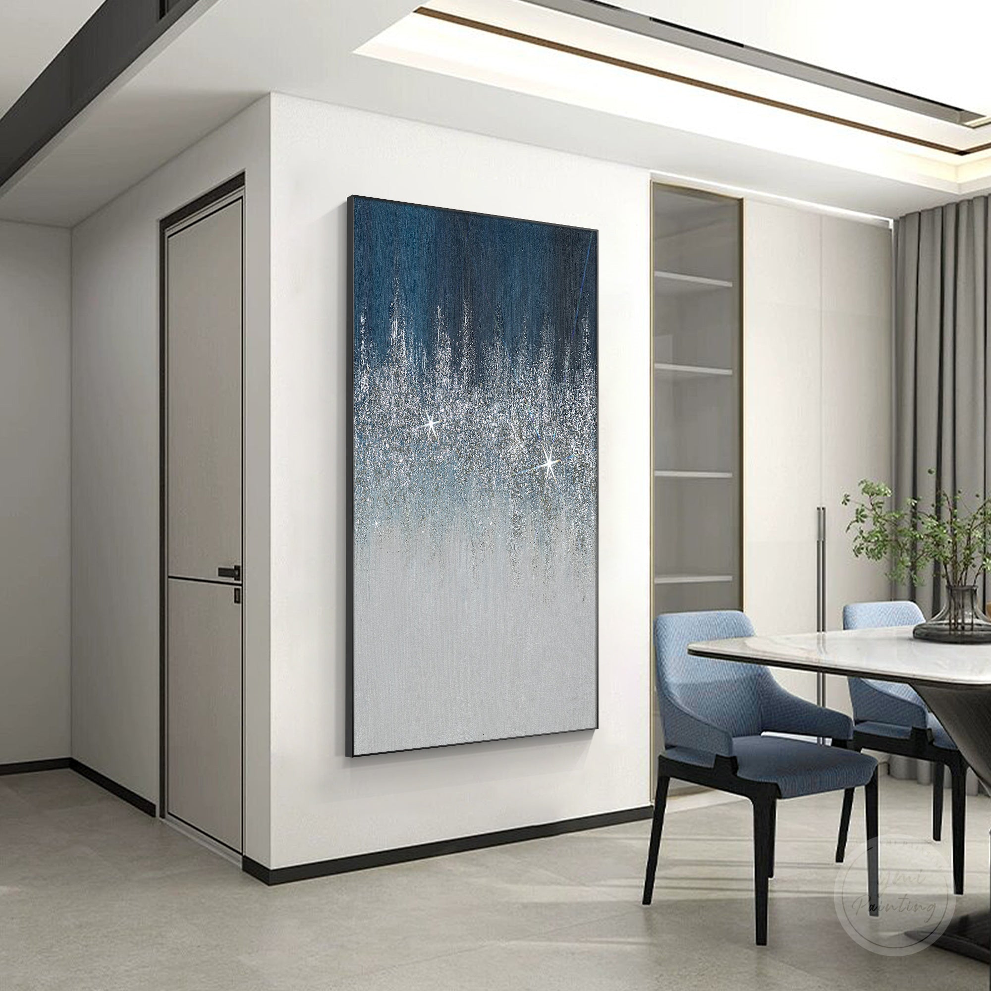 Modern abstract glitter artwork with navy blue background, shimmering silver details, and 3D crushed glass effect