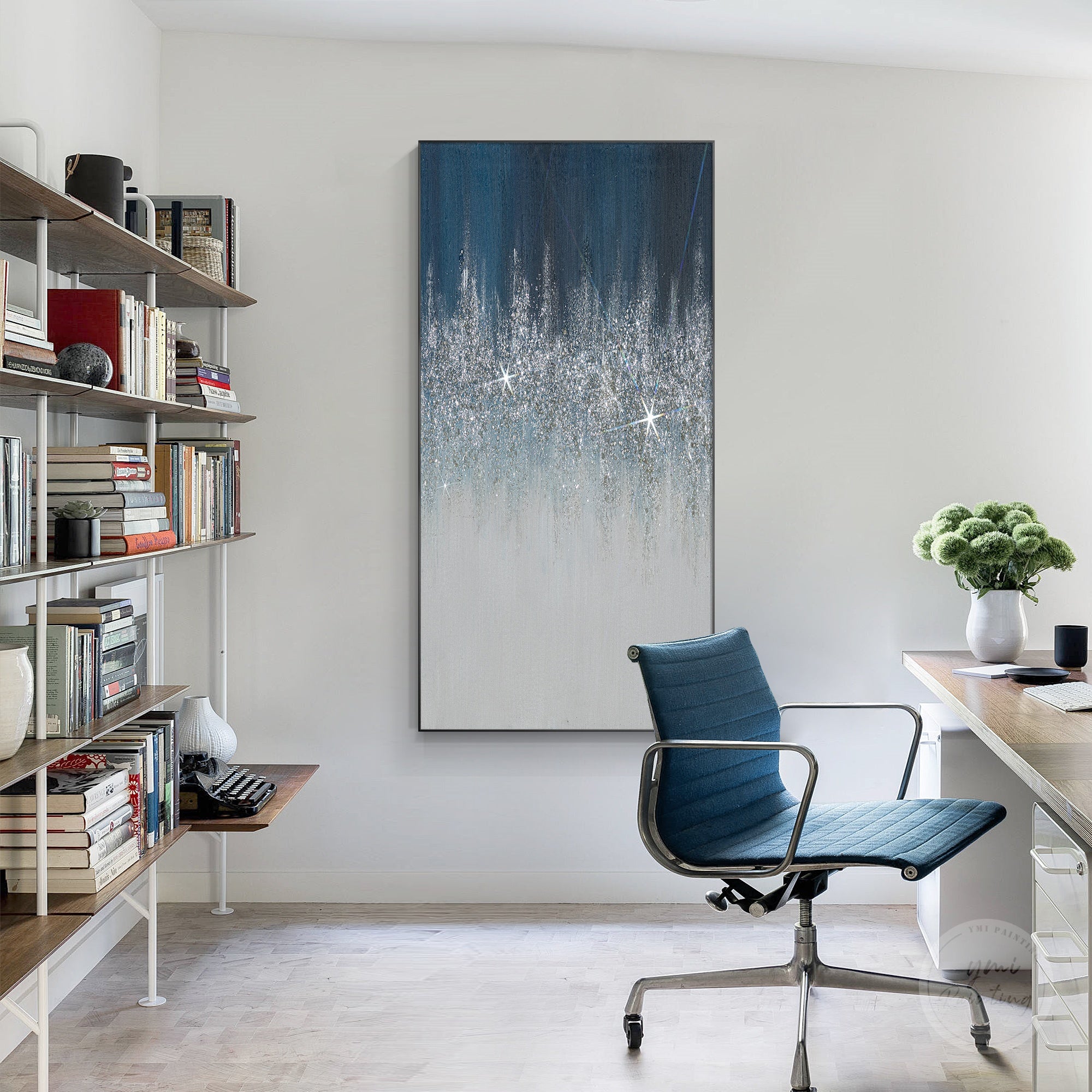 Handmade glitter wall art featuring deep navy tones, sparkling silver accents, and textured canvas finish