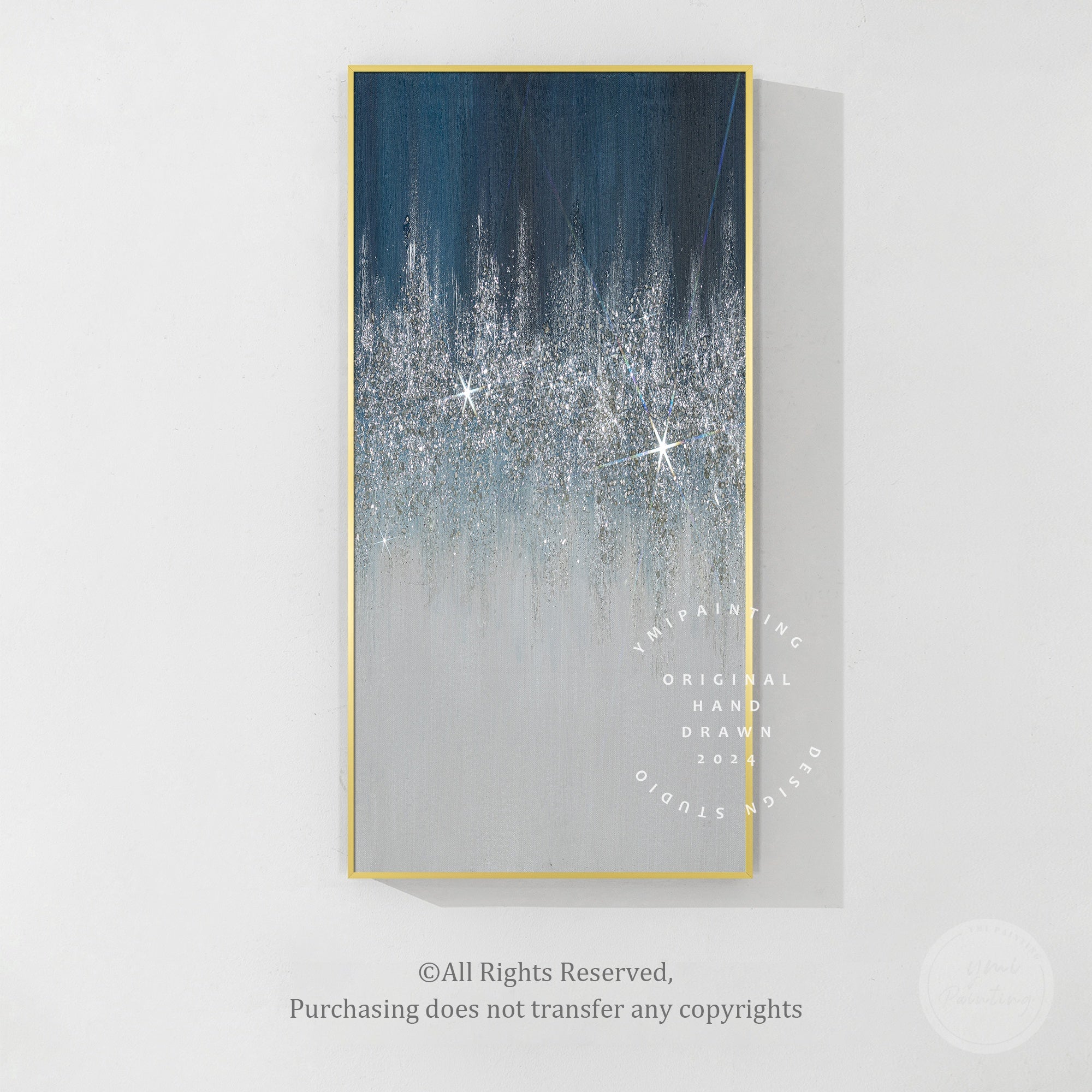 Unique navy glitter painting with shimmering silver highlights, textured surface, and contemporary home decoration