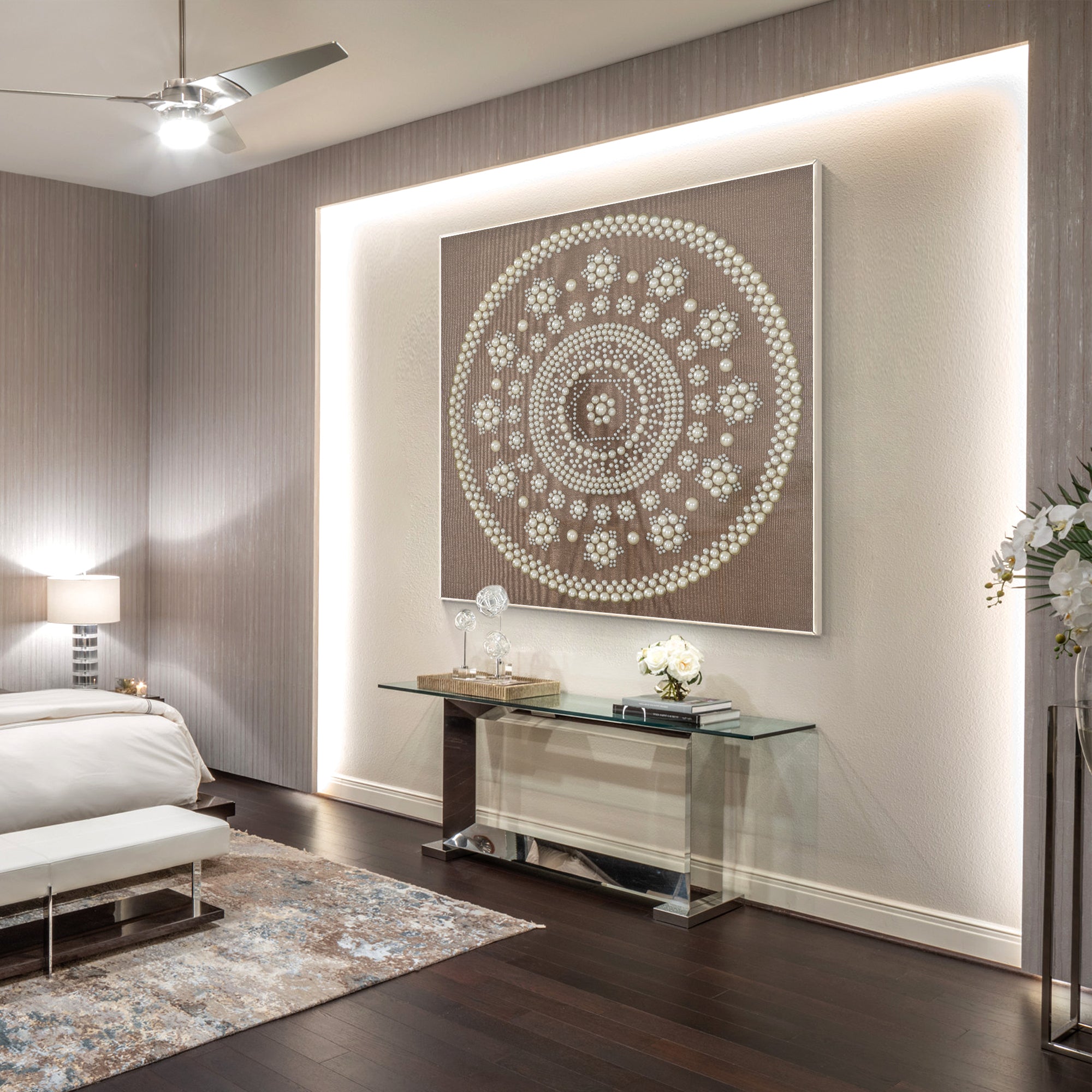 Mandala artwork framed in a simple white square with subtle shadows to add depth.