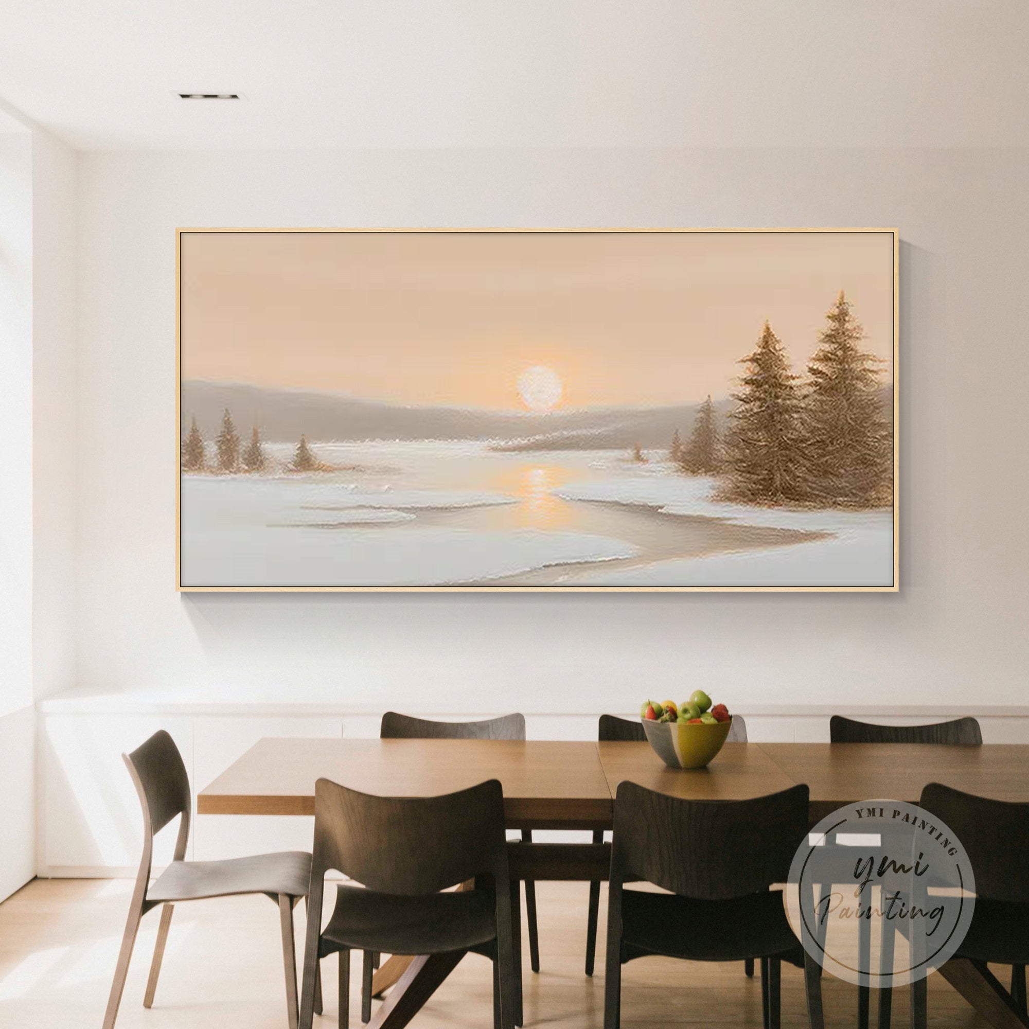 Nature-inspired sunrise tree and river canvas artwork for living room walls