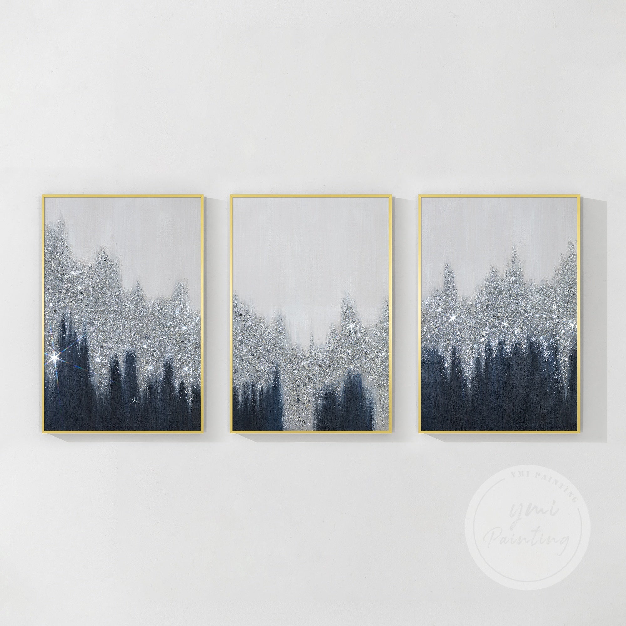 Snow-inspired blue, gray, and silver crushed glass three-panel painting set of three in gold frame