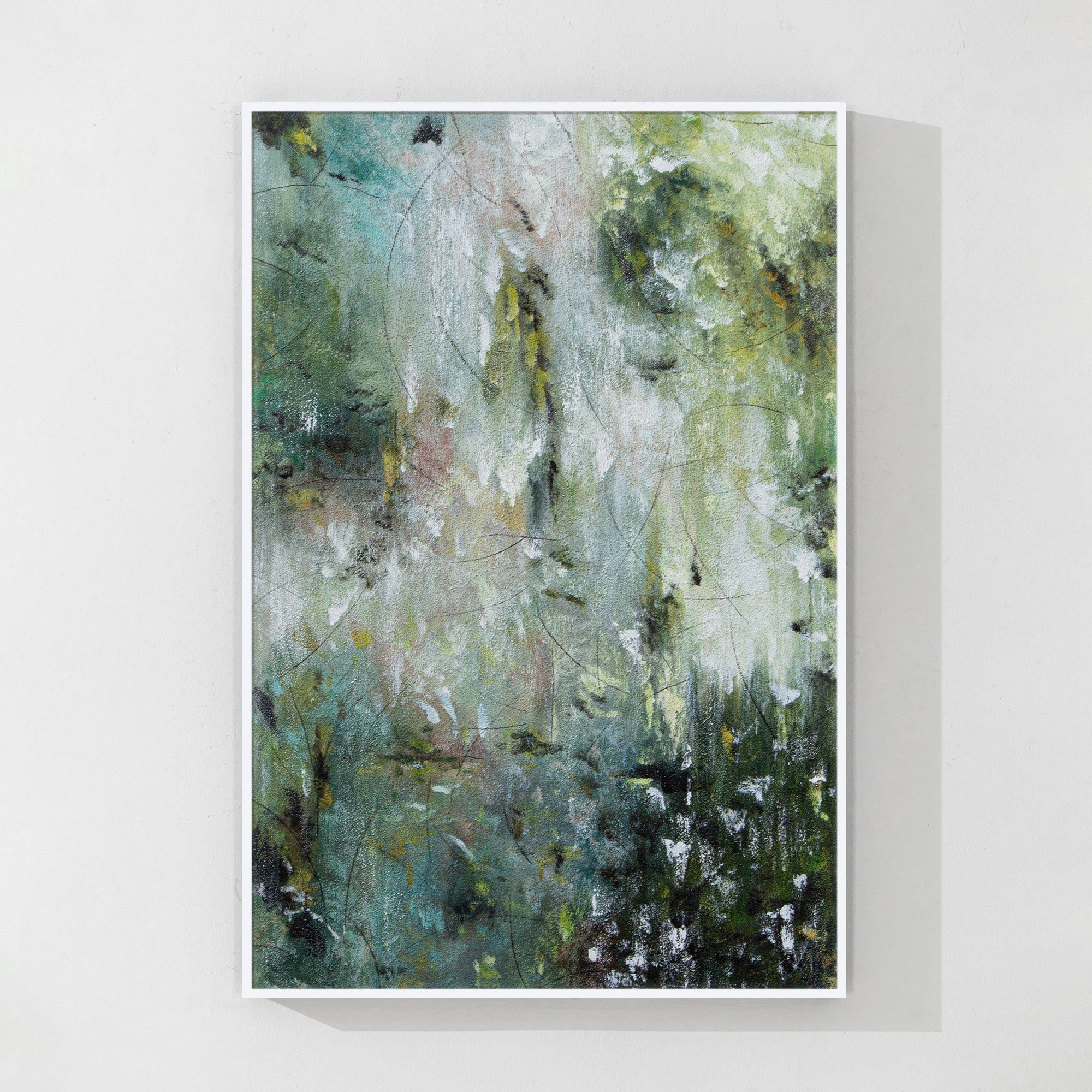 soft green abstract textured canvas painting in modern living room