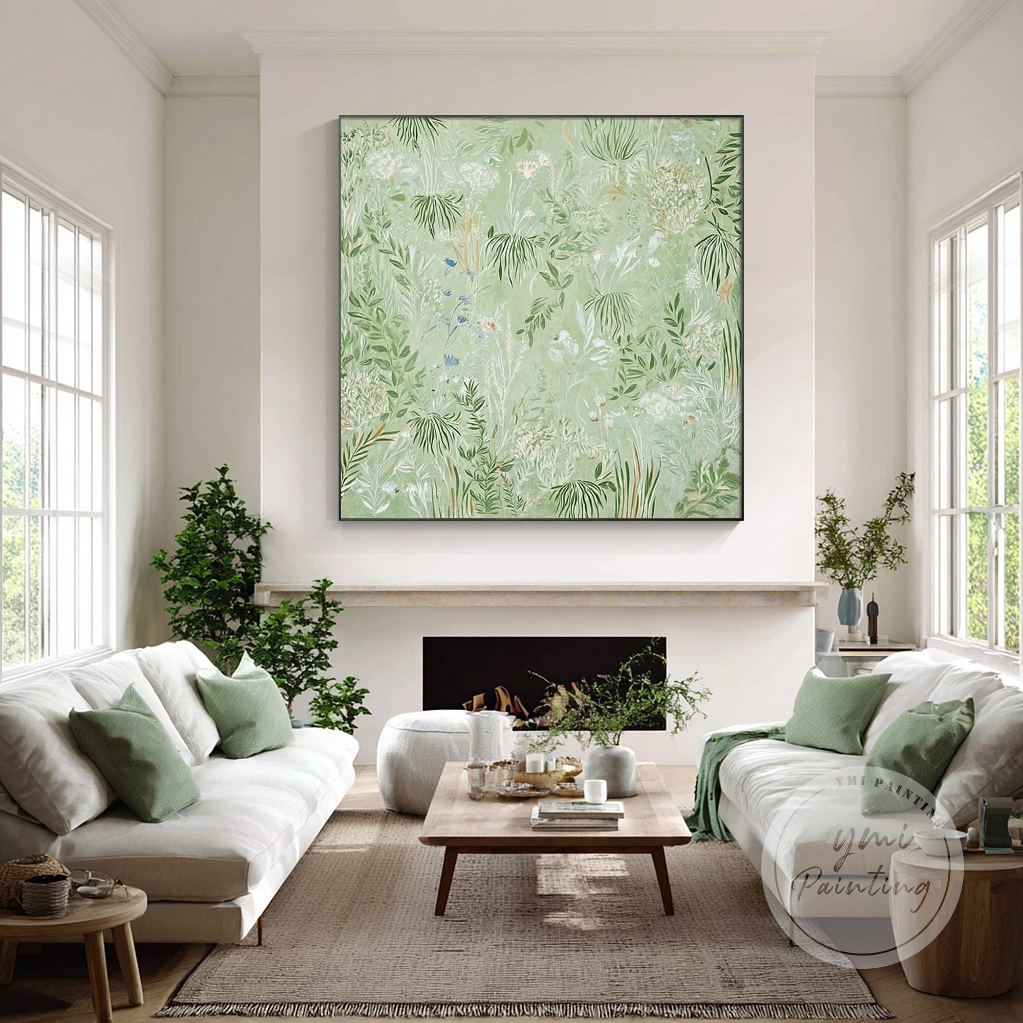 グリーンの植物キャンバスウォールアート ミニマルな花の絵画