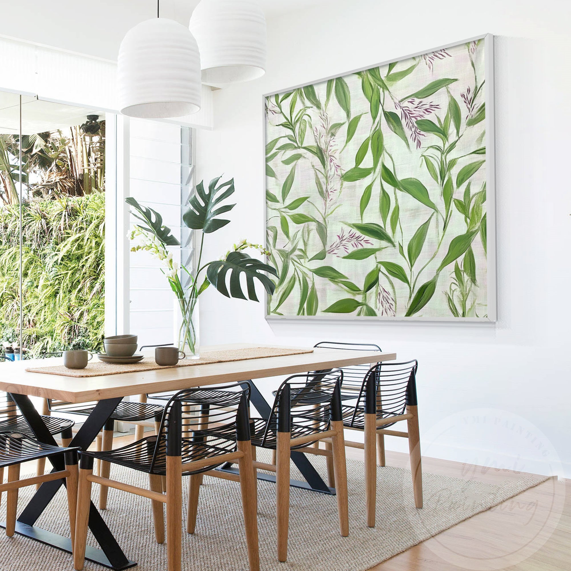 Eucalyptus leaves and purple bud-like flowers, creating the feeling of a gentle spring breeze and renewal; beautiful decoring a nature-style dining room.