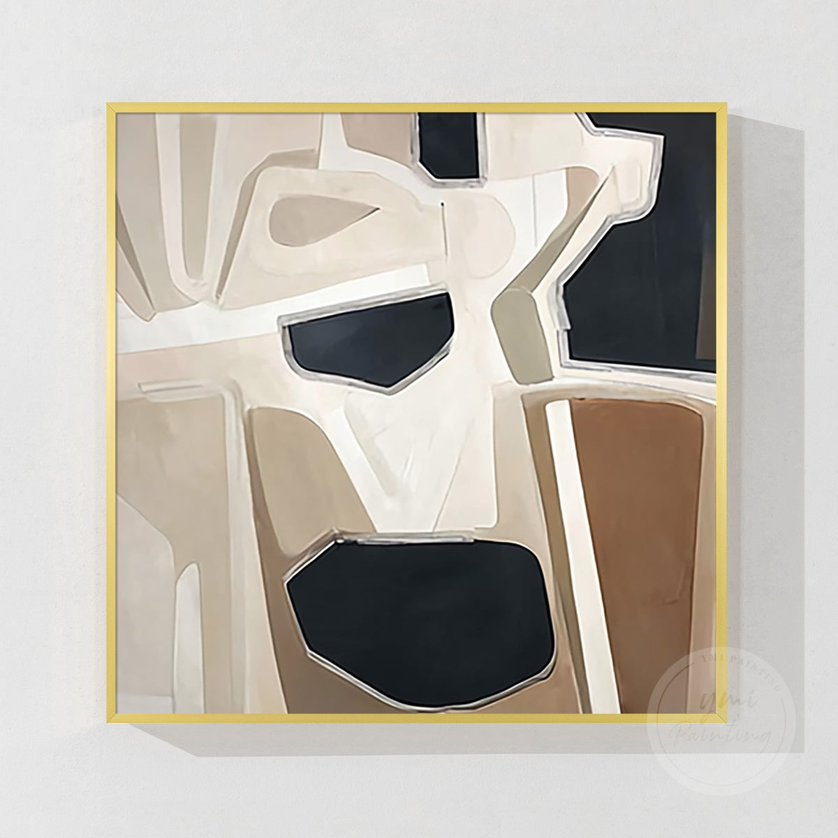 Square geometric abstract wall art in a sophisticated cream, sand and charcoal palette