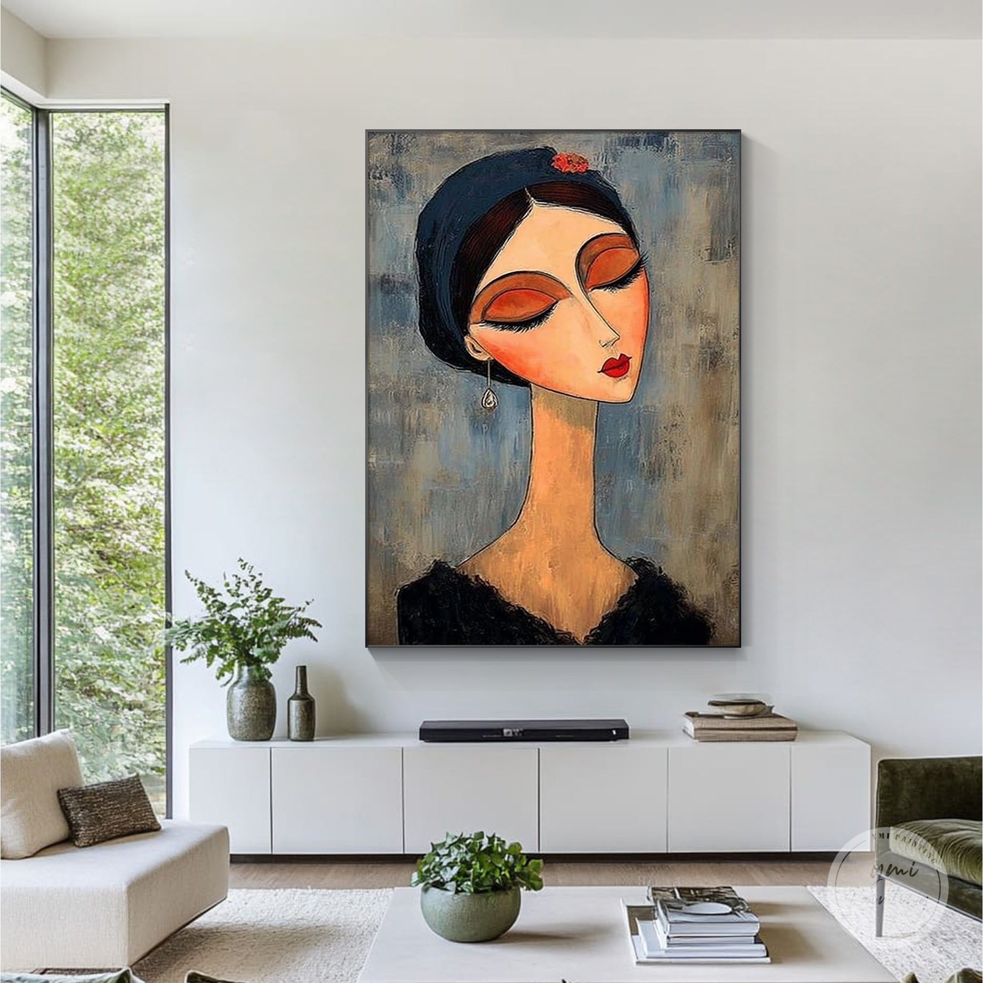modern portrait wall art stylish woman face living room interior