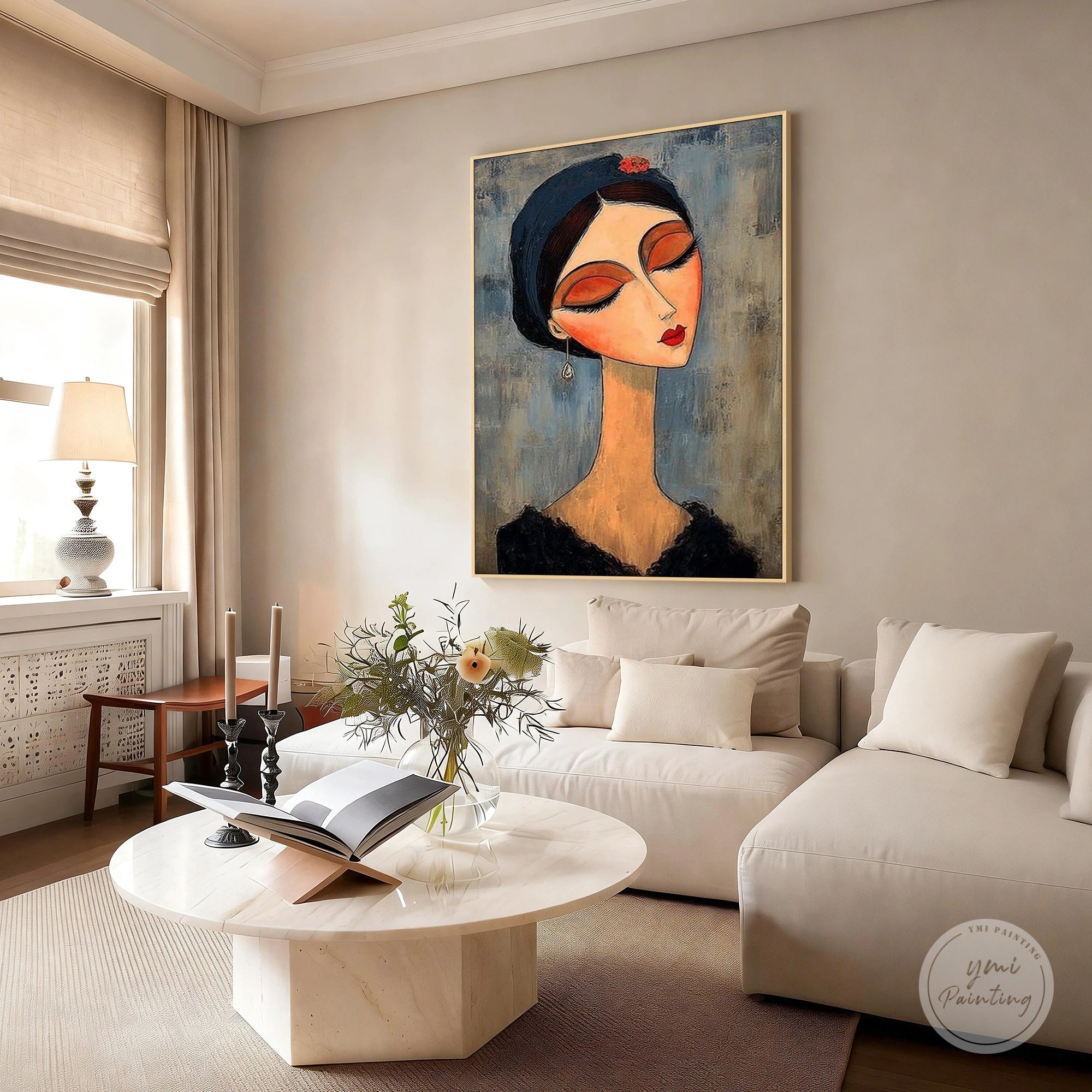 abstract woman portrait wall art modern living room above sofa