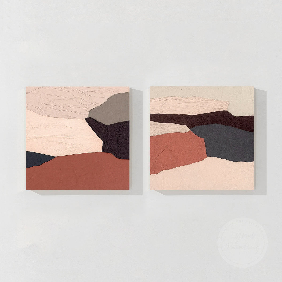 Terracotta abstract wall art set of 2, hand-painted textured canvases with earth tone colors.